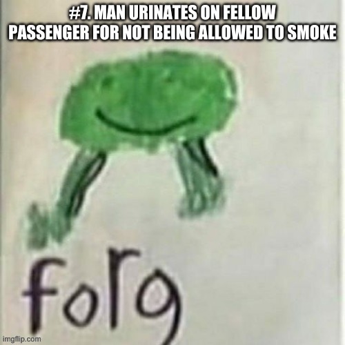 e | #7. MAN URINATES ON FELLOW PASSENGER FOR NOT BEING ALLOWED TO SMOKE | image tagged in forg | made w/ Imgflip meme maker