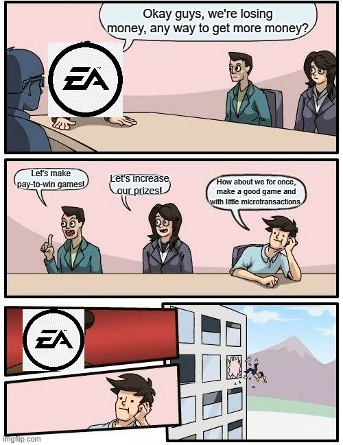 The truth about EA | Okay guys, we're losing money, any way to get more money? Let's make pay-to-win games! Let's increase our prizes! How about we for once, make a good game and with little microtransactions. | image tagged in memes,boardroom meeting suggestion,electronic arts,ea | made w/ Imgflip meme maker