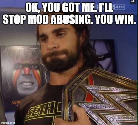 Seth Rollins WWE | OK, YOU GOT ME. I'LL STOP MOD ABUSING. YOU WIN. | image tagged in seth rollins wwe | made w/ Imgflip meme maker
