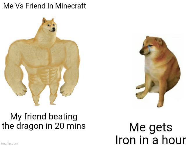 Minecraft | Me Vs Friend In Minecraft; My friend beating the dragon in 20 mins; Me gets Iron in a hour | image tagged in memes,buff doge vs cheems,minecraft | made w/ Imgflip meme maker