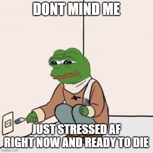 Sad Pepe Suicide | DONT MIND ME JUST STRESSED AF RIGHT NOW AND READY TO DIE | image tagged in sad pepe suicide | made w/ Imgflip meme maker