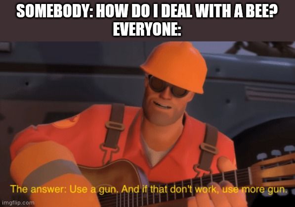 The answer, use a gun, if that doesnt work, use more gun | SOMEBODY: HOW DO I DEAL WITH A BEE?
EVERYONE: | image tagged in the answer use a gun if that doesnt work use more gun | made w/ Imgflip meme maker
