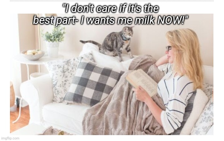 Cats are pushy | "I don't care if it's the best part- I wants me milk NOW!" | image tagged in kitty cat | made w/ Imgflip meme maker