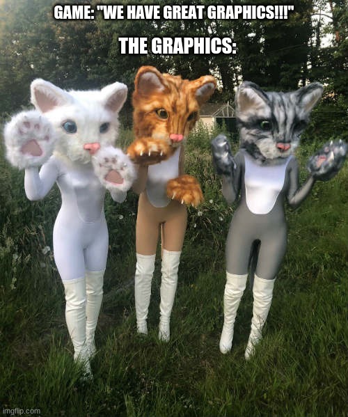 Human cat | GAME: "WE HAVE GREAT GRAPHICS!!!"; THE GRAPHICS: | image tagged in cats,costume,graphics,memes | made w/ Imgflip meme maker