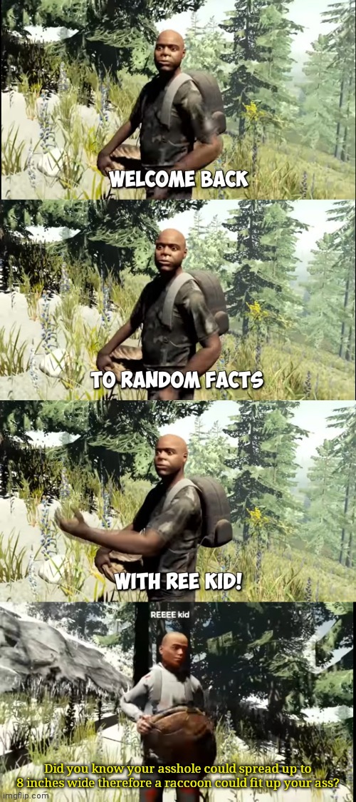 Welcome back to random facts with ReeKid | Did you know your asshole could spread up to 8 inches wide therefore a raccoon could fit up your ass? | image tagged in welcome back to random facts with reekid | made w/ Imgflip meme maker