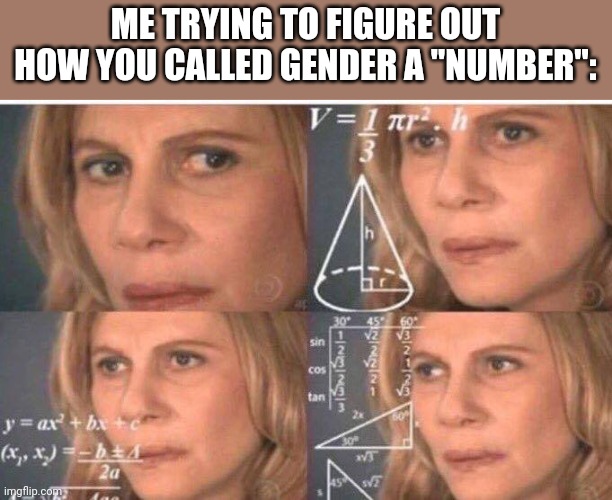 Math lady/Confused lady | ME TRYING TO FIGURE OUT HOW YOU CALLED GENDER A "NUMBER": | image tagged in math lady/confused lady | made w/ Imgflip meme maker