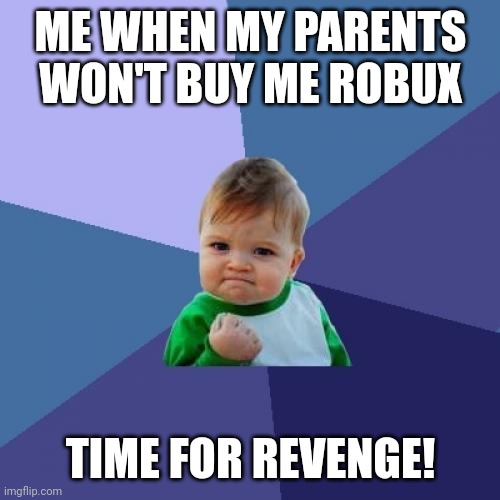 Yeah boy!! | ME WHEN MY PARENTS WON'T BUY ME ROBUX; TIME FOR REVENGE! | image tagged in memes,success kid | made w/ Imgflip meme maker