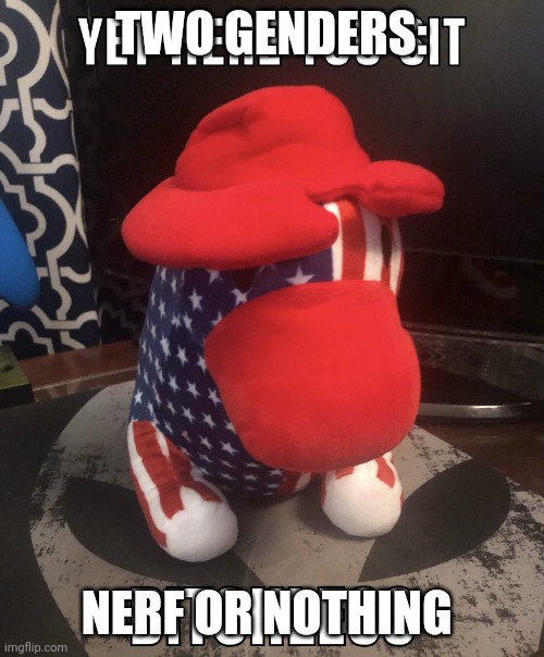 yet here you sit | TWO GENDERS:; NERF OR NOTHING | image tagged in yet here you sit | made w/ Imgflip meme maker