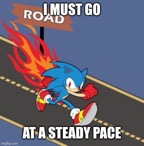 SONIC RUNNING ON THE ROAD | I MUST GO; AT A STEADY PACE | image tagged in sonic running on the road,meme,funny,sonic meme,sonic the hedgehog | made w/ Imgflip meme maker