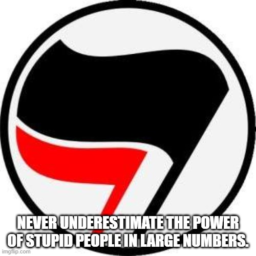 Antifa | NEVER UNDERESTIMATE THE POWER OF STUPID PEOPLE IN LARGE NUMBERS. | image tagged in antifa | made w/ Imgflip meme maker