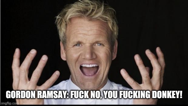A Ramsay Meme | GORDON RAMSAY: FUCK NO, YOU FUCKING DONKEY! | image tagged in gordon ramsey yelling,gordon ramsay,chef gordon ramsay,angry chef gordon ramsay,chef ramsay,rage gordon ramsay | made w/ Imgflip meme maker