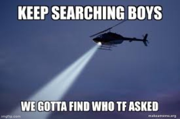 keep searching boys we gotta find out who asked | image tagged in keep searching boys we gotta find out who asked | made w/ Imgflip meme maker