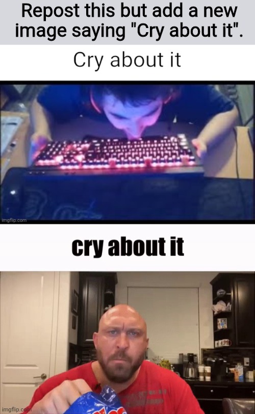 Repost this and add another image! | Repost this but add a new image saying "Cry about it". | image tagged in kurumi cry about it,cry about it,repost,kurumi,geometry dash,kurumi licking his keyboard | made w/ Imgflip meme maker