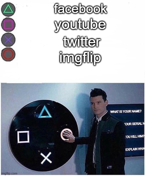 imgflip is esh and everything is tresh | facebook; youtube; twitter; imgflip | image tagged in playstation choice buttons,imgflip | made w/ Imgflip meme maker