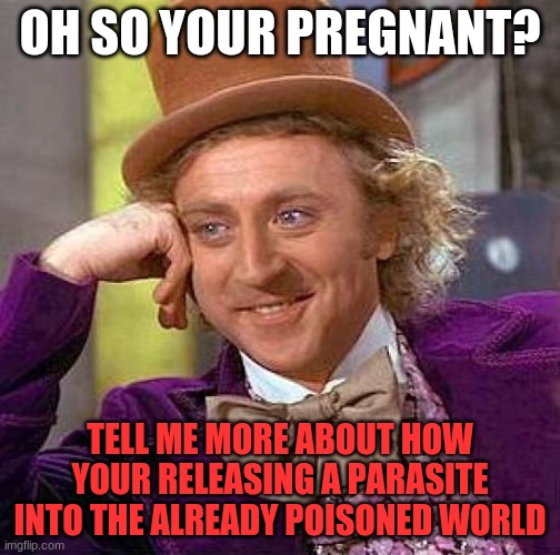 Me tho | OH SO YOUR PREGNANT? TELL ME MORE ABOUT HOW YOUR RELEASING A PARASITE INTO THE ALREADY POISONED WORLD | image tagged in memes,creepy condescending wonka | made w/ Imgflip meme maker