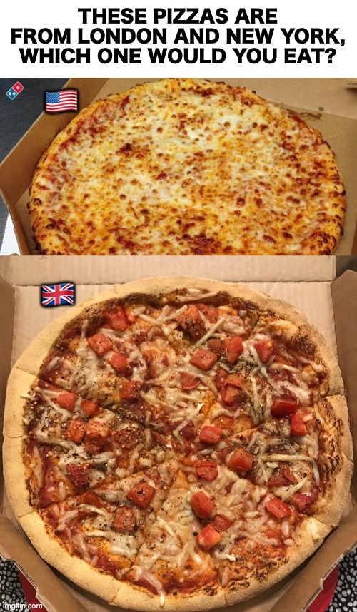 Leave your answers below! | THESE PIZZAS ARE FROM LONDON AND NEW YORK, WHICH ONE WOULD YOU EAT? 🇺🇸; 🇬🇧 | image tagged in blank white template,memes,unfunny | made w/ Imgflip meme maker