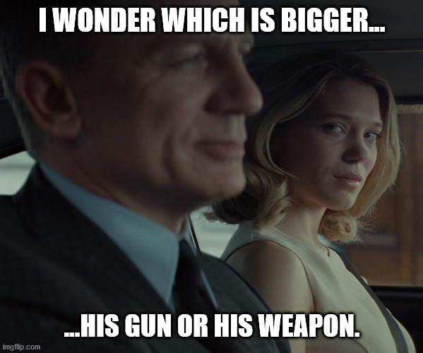 Irresistible Bond | I WONDER WHICH IS BIGGER... ...HIS GUN OR HIS WEAPON. | image tagged in 007's weapon,chicks dig james bond,james bond's prowess | made w/ Imgflip meme maker