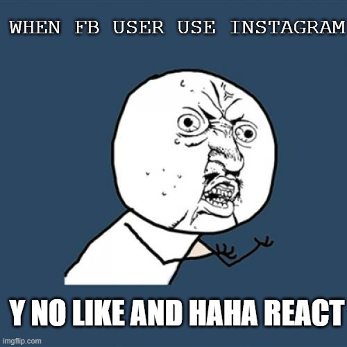 Y U No | WHEN FB USER USE INSTAGRAM; Y NO LIKE AND HAHA REACT | image tagged in memes,y u no,instagram | made w/ Imgflip meme maker