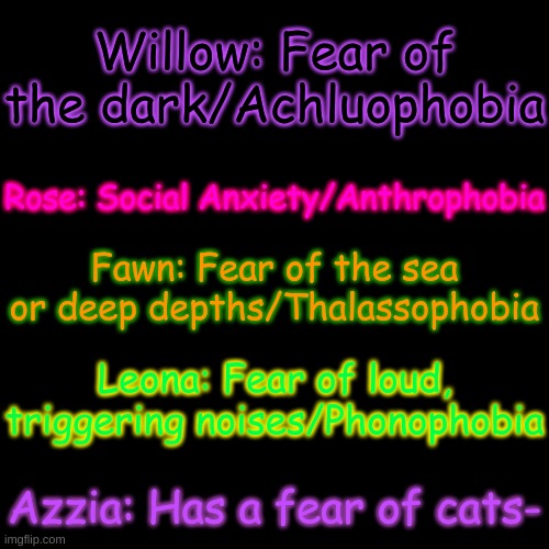 The group's fears Part 2 (I remade it so it makes more sense) | Willow: Fear of the dark/Achluophobia; Rose: Social Anxiety/Anthrophobia; Fawn: Fear of the sea or deep depths/Thalassophobia; Leona: Fear of loud, triggering noises/Phonophobia; Azzia: Has a fear of cats- | image tagged in blank transparent square | made w/ Imgflip meme maker