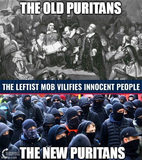 The old Puritans at least had an clearly defined credo | THE OLD PURITANS; THE NEW PURITANS | image tagged in puritans,mob | made w/ Imgflip meme maker