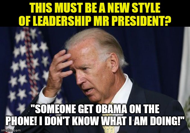 Not ready for your new job? It's ok, neither was Biden. | THIS MUST BE A NEW STYLE OF LEADERSHIP MR PRESIDENT? "SOMEONE GET OBAMA ON THE PHONE! I DON'T KNOW WHAT I AM DOING!" | image tagged in joe biden worries,failure to launch,democrat,liberals | made w/ Imgflip meme maker