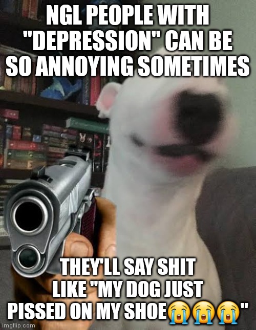 It's so annoying | NGL PEOPLE WITH "DEPRESSION" CAN BE SO ANNOYING SOMETIMES; THEY'LL SAY SHIT LIKE "MY DOG JUST PISSED ON MY SHOE😭😭😭" | image tagged in walter holding gun | made w/ Imgflip meme maker