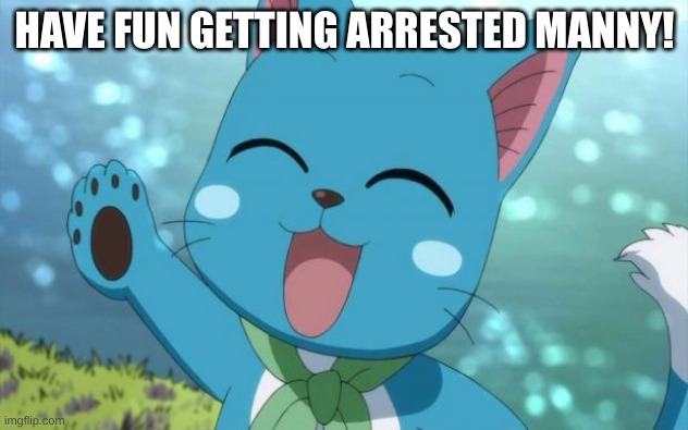 Happy fairy tail | HAVE FUN GETTING ARRESTED MANNY! | image tagged in happy fairy tail | made w/ Imgflip meme maker