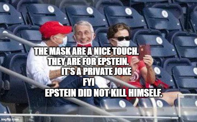 No mask Fauci | THE MASK ARE A NICE TOUCH.     THEY ARE FOR EPSTEIN.                IT'S A PRIVATE JOKE; FYI                    EPSTEIN DID NOT KILL HIMSELF. | image tagged in no mask fauci | made w/ Imgflip meme maker