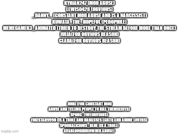 im srry its so little | KYRIAN247 (MOD ABUSE)
LEWIS0428 (OBVIOUS)
_DANNY._ (CONSTANT MOD ABUSE AND IS A NARCISSIST)
KUWATA_THE_HOPEFUL (PEDOPHILE)
MEMEGAMER3_ANIMATED (TRIED TO DESTROY THE STREAM BEFORE MORE THAN ONCE)
JULIA(FOR OBVIOUS REASON)
CLARA(FOR OBVIOUS REASON); JINKI (FOR CONSTANT MOD ABUSE AND TELLING PEOPLE TO KILL THEMSELVES)
SPONG_FNF(OBVIOUS)
FIRESTAR9990 (IS A TROLL AND HARASSES LGBTQ AND ANIME LOVERS)
SPOOKALICIOUS_BLUE (IS A TROLL)
AVABLOOBIRD(OWNER ABUSE) | image tagged in blank white template | made w/ Imgflip meme maker
