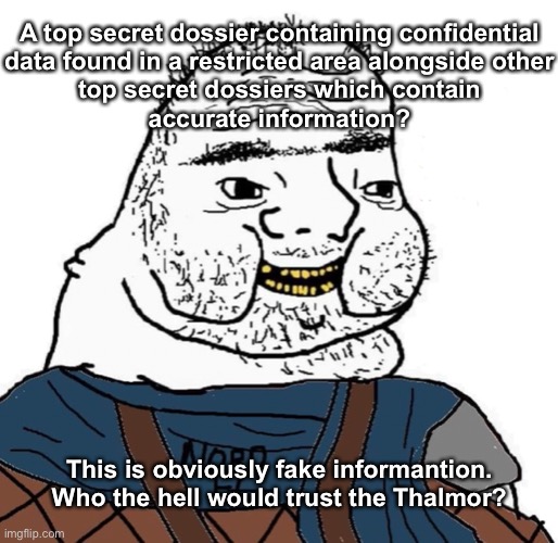 “The Thalmor Dossier is Fake” | A top secret dossier containing confidential
data found in a restricted area alongside other
top secret dossiers which contain
accurate information? This is obviously fake informantion.
Who the hell would trust the Thalmor? | image tagged in skyrim,the elder scrolls | made w/ Imgflip meme maker