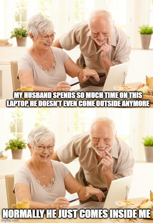 The Time You Spend | MY HUSBAND SPENDS SO MUCH TIME ON THIS LAPTOP, HE DOESN'T EVEN COME OUTSIDE ANYMORE; NORMALLY HE JUST COMES INSIDE ME | image tagged in hide the pain harold and wife | made w/ Imgflip meme maker