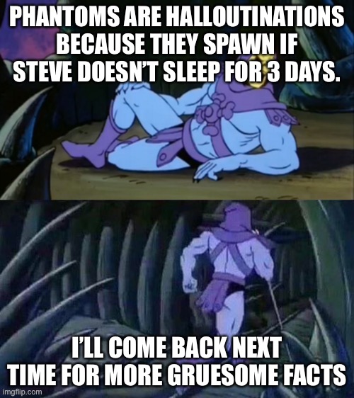 Skeletor disturbing facts | PHANTOMS ARE HALLOUTINATIONS BECAUSE THEY SPAWN IF STEVE DOESN’T SLEEP FOR 3 DAYS. I’LL COME BACK NEXT TIME FOR MORE GRUESOME FACTS | image tagged in skeletor disturbing facts | made w/ Imgflip meme maker