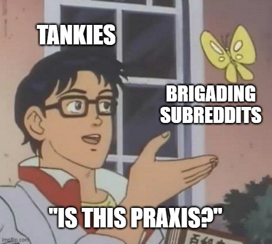 Is This A Pigeon Meme | TANKIES; BRIGADING SUBREDDITS; "IS THIS PRAXIS?" | image tagged in memes,is this a pigeon | made w/ Imgflip meme maker