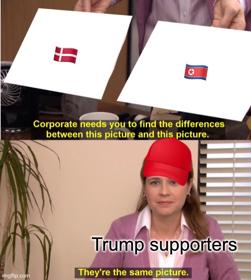 I mean, if they’re calling Biden Stalin, who knows what they’ll think of Scandinavia | 🇩🇰; 🇰🇵; Trump supporters | image tagged in memes,they're the same picture | made w/ Imgflip meme maker