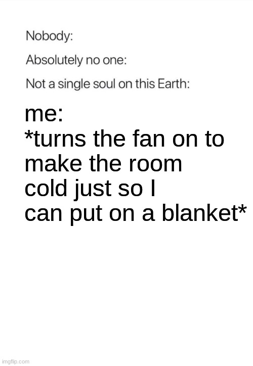 Nobody:, Absolutely no one: | me: 
*turns the fan on to make the room cold just so I can put on a blanket* | image tagged in nobody absolutely no one | made w/ Imgflip meme maker