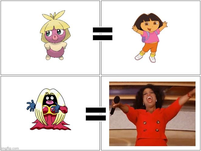 Smoochum equals Dora, Jynx equals Oprah | =; = | image tagged in memes,blank comic panel 2x2 | made w/ Imgflip meme maker