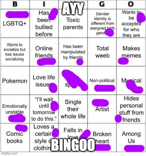 BINGOOOOOOOOOOOO | AYY; BINGOO | image tagged in jer-sama's bingo | made w/ Imgflip meme maker