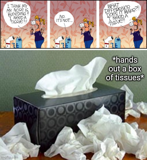 *hands out a box of tissues* | *hands out a box of tissues* | image tagged in tissue box,nose,tissue,comics/cartoons,comics,comic | made w/ Imgflip meme maker
