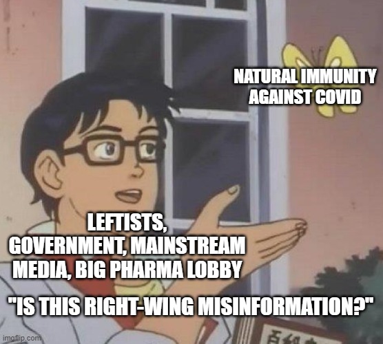 Natural immunity exists and many people have it from taking care of their own health | NATURAL IMMUNITY AGAINST COVID; LEFTISTS, GOVERNMENT, MAINSTREAM MEDIA, BIG PHARMA LOBBY; "IS THIS RIGHT-WING MISINFORMATION?" | image tagged in memes,is this a pigeon,big pharma,government corruption,media lies,health | made w/ Imgflip meme maker