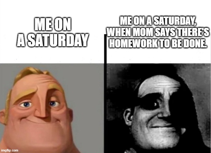 Teacher's Copy | ME ON A SATURDAY, WHEN MOM SAYS THERE'S HOMEWORK TO BE DONE. ME ON A SATURDAY | image tagged in teacher's copy | made w/ Imgflip meme maker