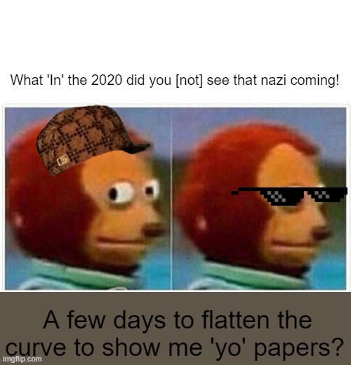 Flaten the curve | What 'In' the 2020 did you [not] see that nazi coming! A few days to flatten the curve to show me 'yo' papers? | image tagged in memes,monkey puppet,pandemic,coronavirus,lockdown,bill gates loves vaccines | made w/ Imgflip meme maker