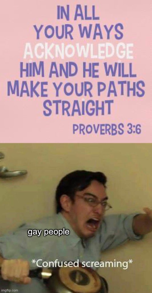 Get it?  He’ll make your paths straight?  Oh whatever. | gay people | image tagged in confused screaming | made w/ Imgflip meme maker