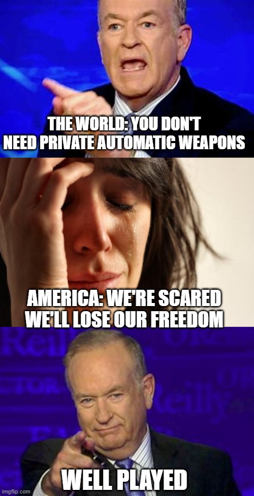 Freedom Fries |  THE WORLD: YOU DON'T NEED PRIVATE AUTOMATIC WEAPONS; AMERICA: WE'RE SCARED WE'LL LOSE OUR FREEDOM; WELL PLAYED | image tagged in memes,first world problems,memes | made w/ Imgflip meme maker