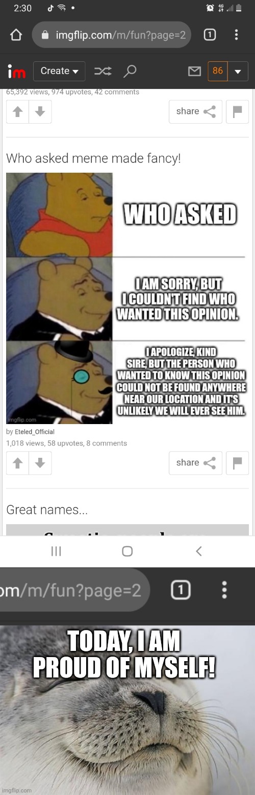 For a not very big user, I am proud! | TODAY, I AM PROUD OF MYSELF! | image tagged in memes,satisfied seal | made w/ Imgflip meme maker