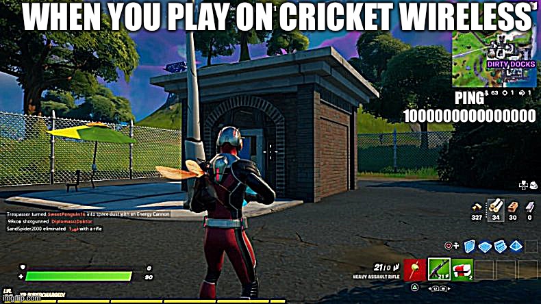 When you play on cricket wireless | WHEN YOU PLAY ON CRICKET WIRELESS; PING 1000000000000000 | image tagged in funny,fortnite,gaming | made w/ Imgflip meme maker