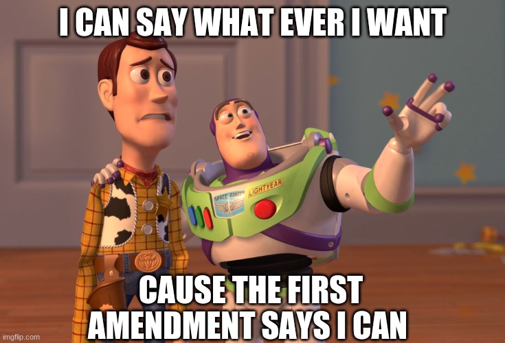 First amendment | I CAN SAY WHAT EVER I WANT; CAUSE THE FIRST AMENDMENT SAYS I CAN | image tagged in memes,x x everywhere | made w/ Imgflip meme maker
