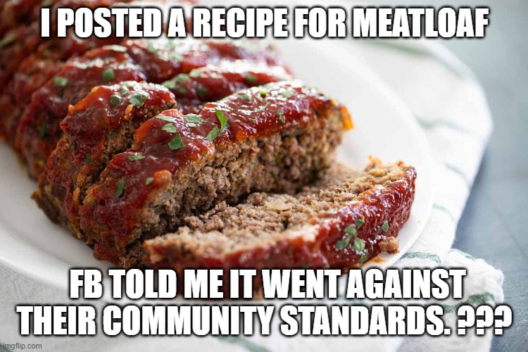 meat loaf humor | I POSTED A RECIPE FOR MEATLOAF; FB TOLD ME IT WENT AGAINST THEIR COMMUNITY STANDARDS. ??? | image tagged in facebook community standards,meatloaf | made w/ Imgflip meme maker