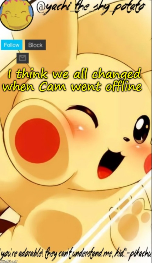 :/ | I think we all changed when Cam went offline | image tagged in yachis pika temp | made w/ Imgflip meme maker