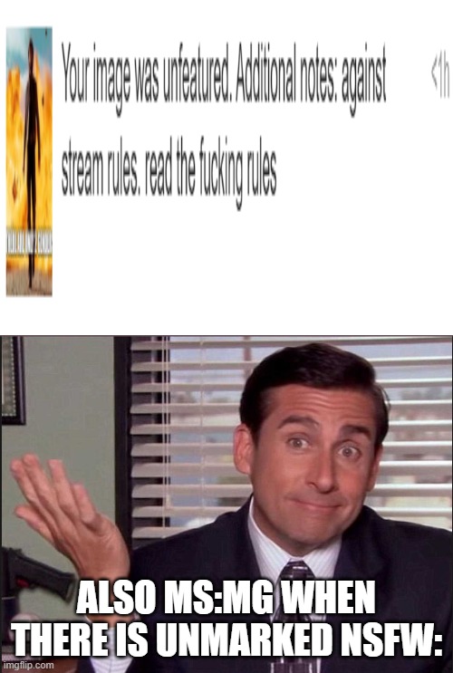fix rules!11!!11!! | ALSO MS:MG WHEN THERE IS UNMARKED NSFW: | image tagged in michael scott | made w/ Imgflip meme maker