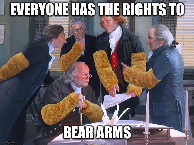 Bear arms | EVERYONE HAS THE RIGHTS TO; BEAR ARMS | image tagged in right to bear arms | made w/ Imgflip meme maker